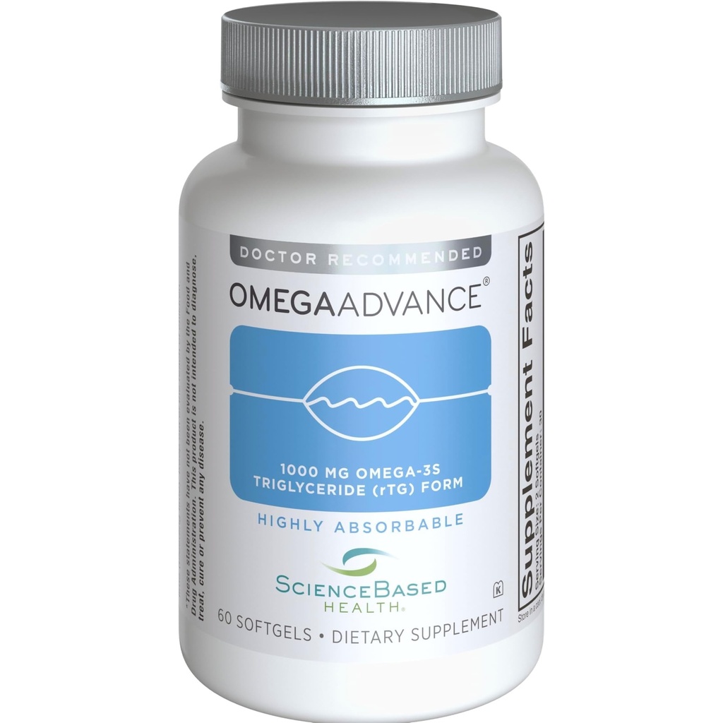 OmegaAdvance Omega-3 Huile de poisson – forme triglycéride avec 1000 mg EPA & DHA – Plus Lutéine et Zeaxanthin – soutient la santé du coeur, du cerveau et des yeux – Enduit de citron – 60 Softgels