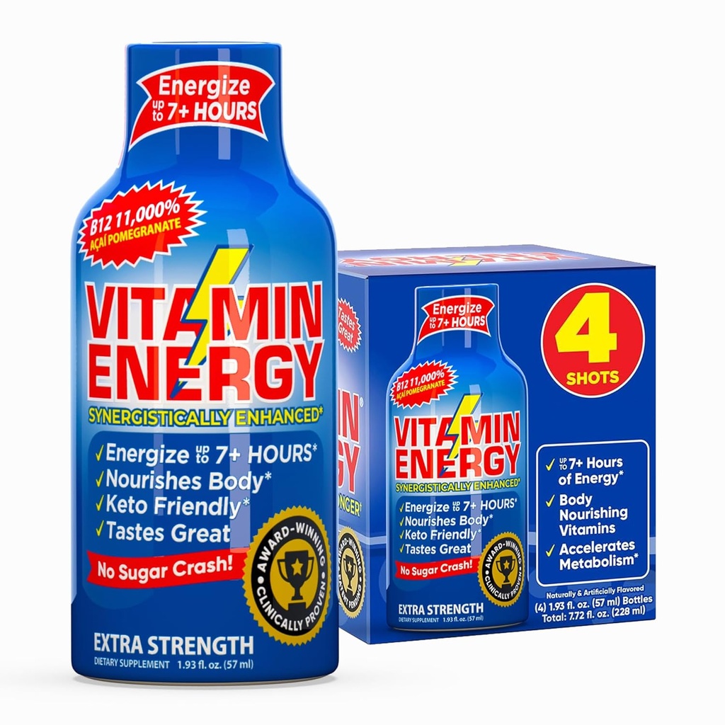 Vitamin Energy B12 11.000% Extra Strength Energy Shot Açaí Pomegranate 4 Pack, 260mg Natural Caffeine, B12 & B6, Nootropic Focus, Vitalität, Zero Sugar, Gluten-Free, Vegan, Kosher, 1.93 fl oz