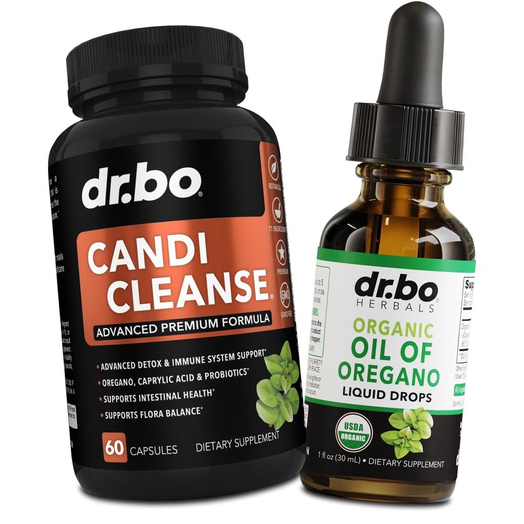 Candi Cleanse et gouttes d'huile d'Origan - Détergent complexe probiotique extra-fort et liquide organique - Capsules d'acide caprylique naturels à base de plantes et huile de gouttes d'Origan Extrait de teinture
