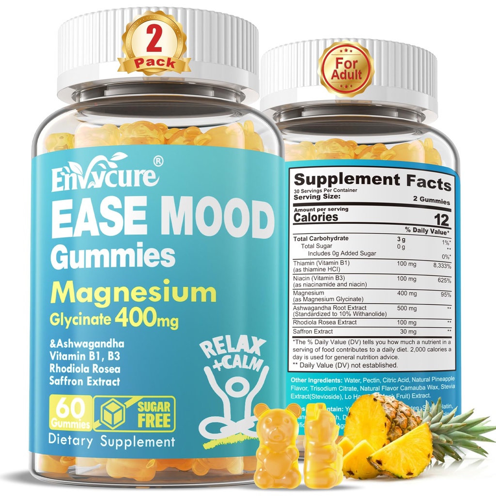 Gommies sans sucre Glycinat de magnésium 400mg avec Ashwagandha, B1, B3, Rhodiola Rosea & Safran pour le repos de soutien, l'humeur et calme Gommies de magnésium pour adultes, supplément de magnésium à croquer, végétalien, 120Ct