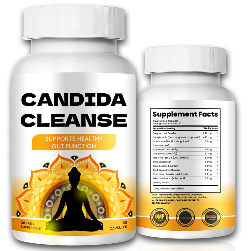 Candida Cleanse - Support Gut & Colon, Formule avancée - Origan Feuille, Wormwood, Noix noire, Acides Capryliques
