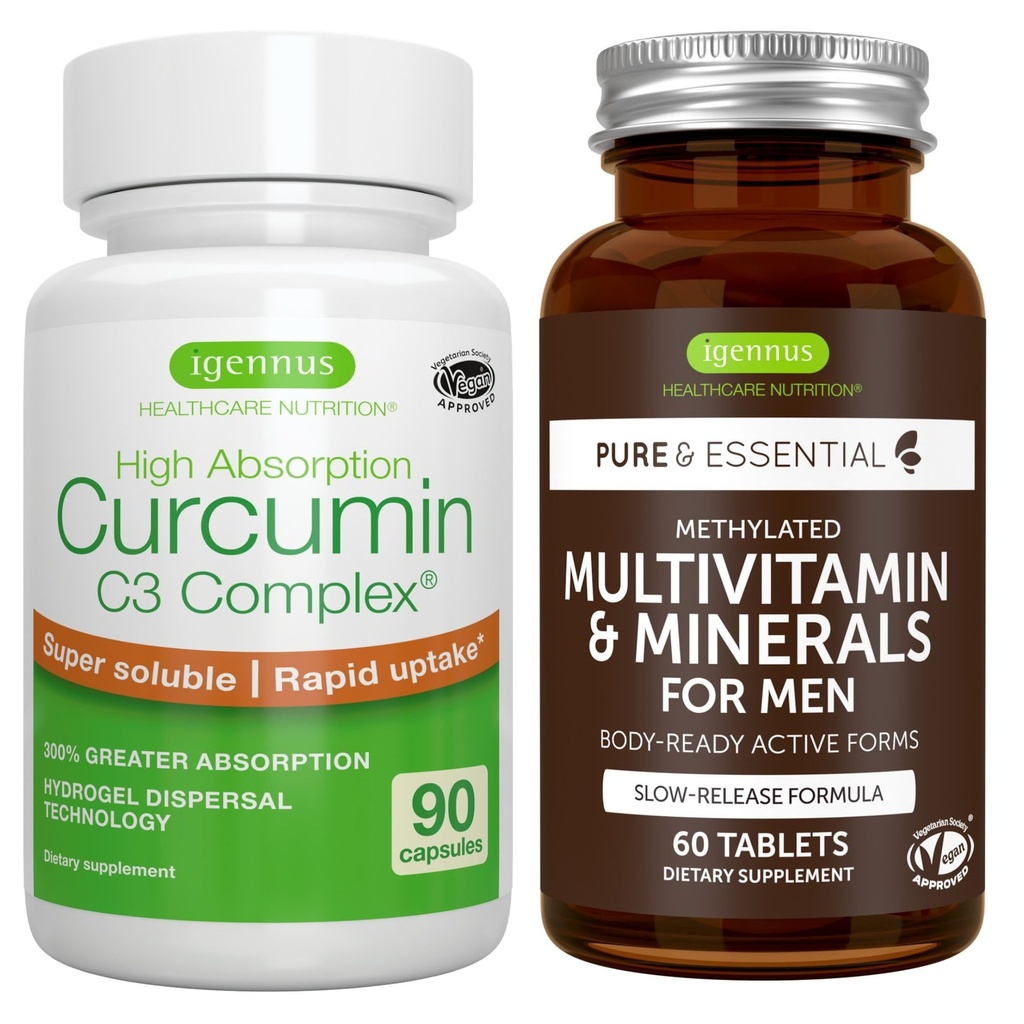 Multivitamin & Minerals für Männer + High Absorption Curcumin C3 Complex, Vegan Bundle, Sustained Release Advanced Multivitamin + 300% größere Absorption Curcuminoide mit schneller Aufnahme, von Igennus