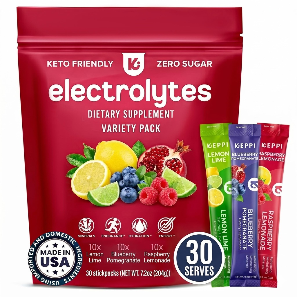 Keppi Electrolytes Powder Packets Assortiment de saveurs 30 portions – Pas de supplément d'hydratation du sucre avec du potassium, du magnésium, du sodium – kéto, végétalien, ami à jeun, Zero Calorie Hydratation Packets