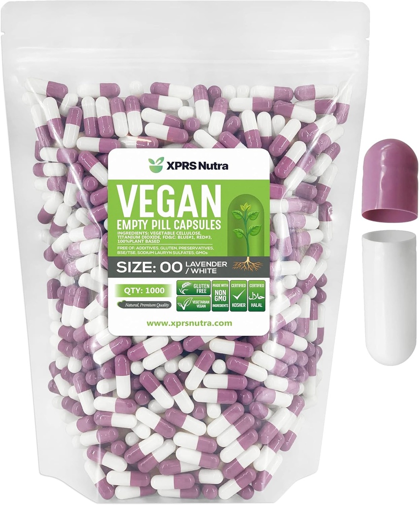 XPRS Nutra Größe 00 Leere Kapseln - 1000 Graf Leere Vegan Kapseln - Vegetarische leere Pillen - DIY Gemüse Kapsel Füllung- Veggie Pillen Caps (Lavender/White)