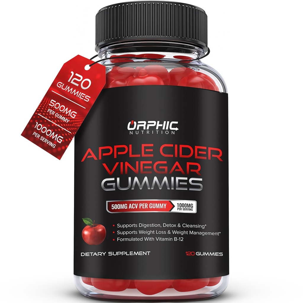 ORPHIC NUTRITION Apfel Apfelessig Gummi - 1000mg - ACV Weight Loss Gummis - Unterstützt Verdauung, Detox & Cleansing - VIT B12, Beetroot - Gomitas de Vinagre de Manzana (120 Stück)