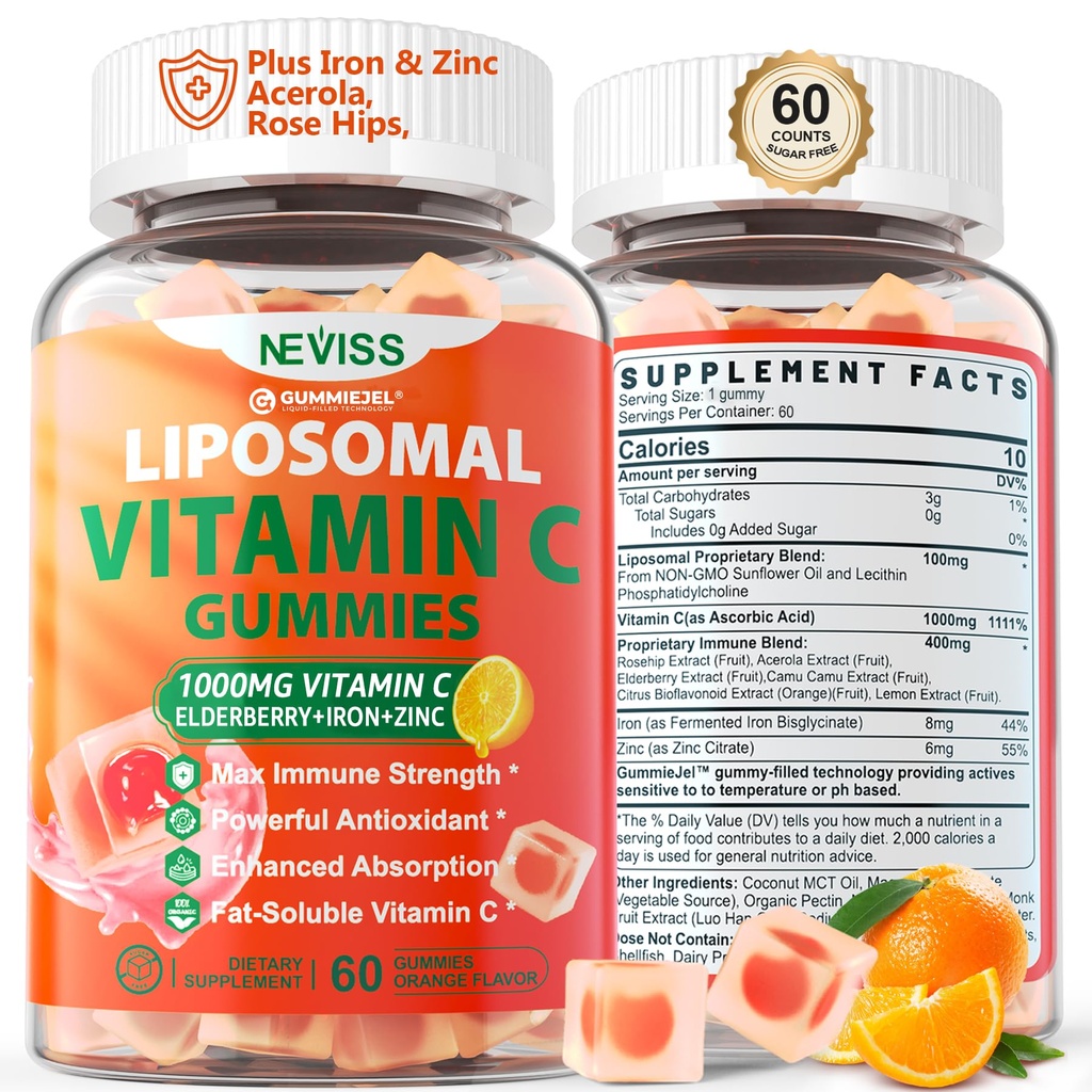 Vitamine liposomique C 1000mg Gommies pour adultes - Vitamine C Chewable avec Elderberry, Zinc & 8mg Fer, Suppléments sans sucre Vit C, Gommies de soutien immunitaire quotidien pour l'énergie, Collagen Booster 60 comtes