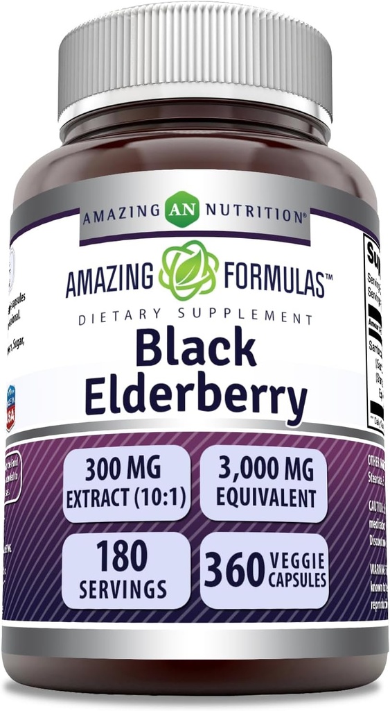 Erstaunliche Formeln Sambucus Black Elderberry | 300 Mg Extract 10:1 (3000 Mg gleichwertig) | Veggie Capsules | Non-GMO | Gluten-Free | Made in USA (1 Pack, 360 Count)