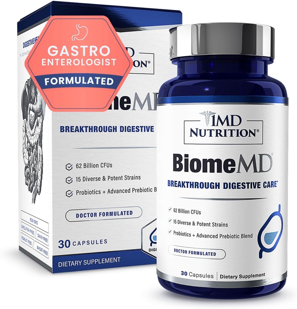 1MD Nutrition BiomeMD Probiotiques 62 milliards d'UFC, 15 souches complètes - Pro et prébiotiques