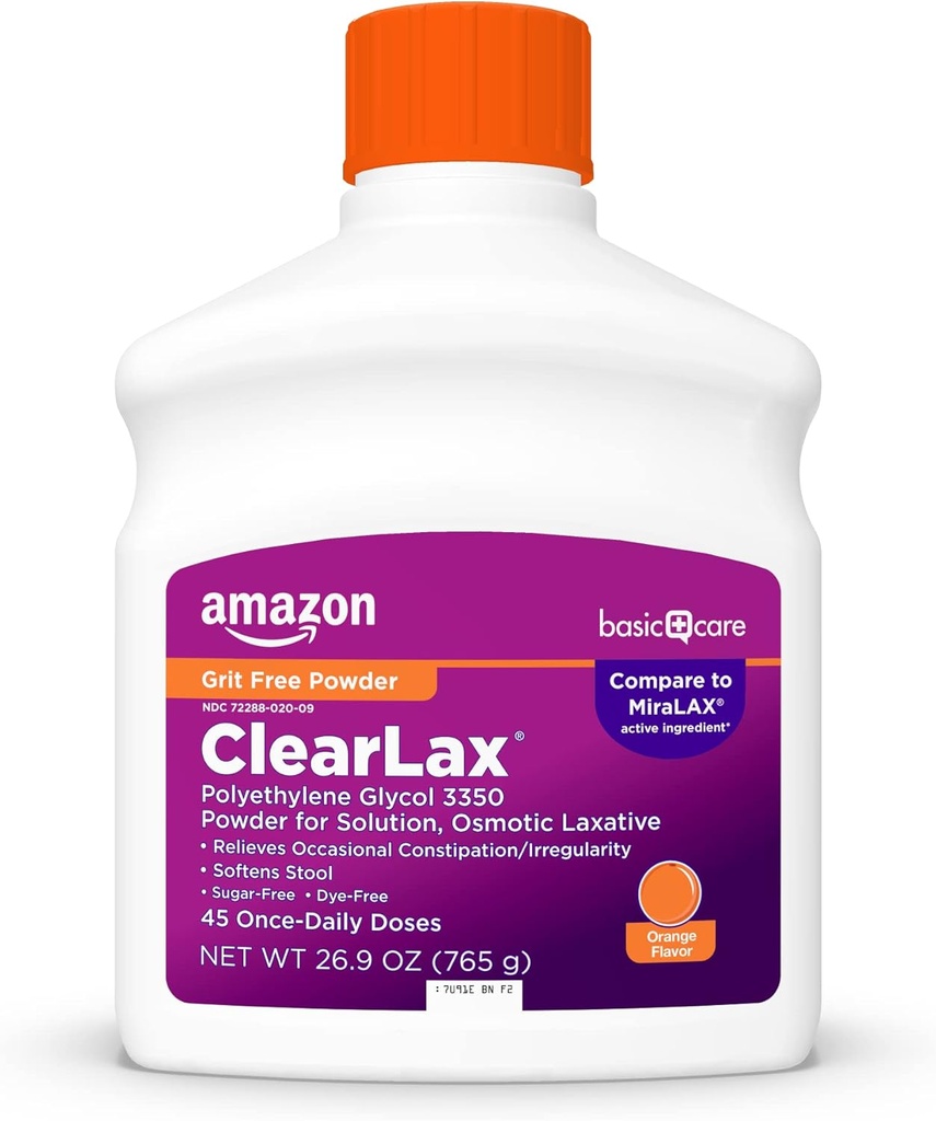 Amazon Basic Care ClearLax, poudre laxative pour le soulagement de la constipation douce, assouplit le tabouret, polyéthylène glycol 3350, saveur orange, 1,68 livre (paquet de 1)