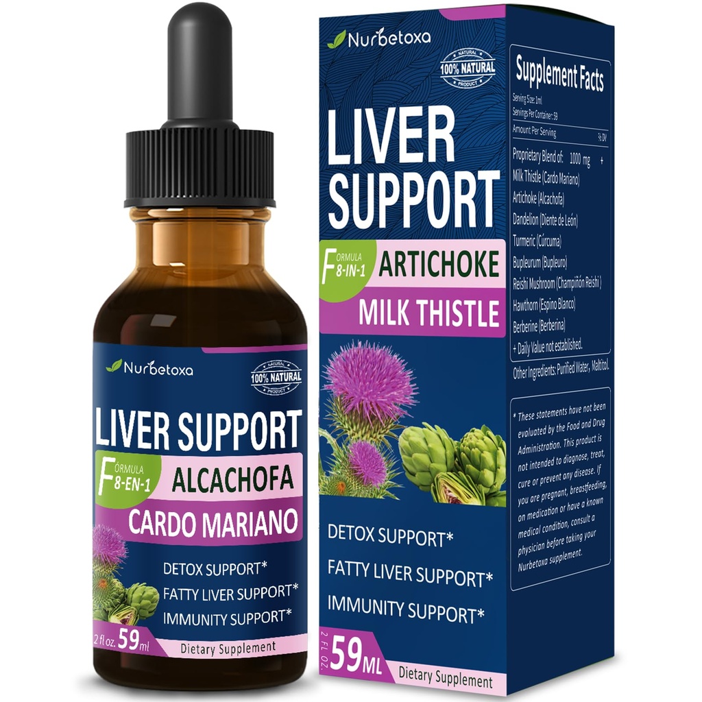 Milk Thistle & Artichoke Extract Liver Support Drops für Fatty Liver, Alcachofa, Curcuma y Cardo Mariano para el Higado Graso, Berberina para Bajar de Peso, Liver Detox & Repair Formula.2oz