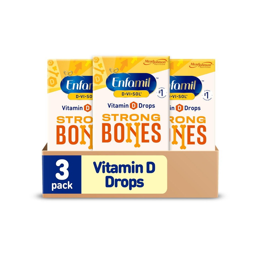Enfamil bébé vitamine D-Vi-Sol vitamine D gouttes de supplément liquide pour les nourrissons, soutenir les dents fortes et les os dans les bébés nouveau-nés, facile à utiliser, sans gluten, bouteille goutteur de 50 mL, boîte de 3