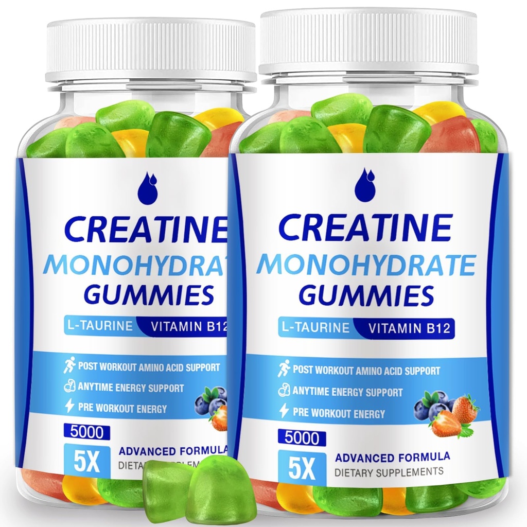 Creatine Monohydrate Gommies 5000mg Creatine pour les femmes et les hommes 2 Packs, Creatine Monohydrate Chew pour Boost Focus, Force musculaire, 5g Creatine Monohydrate par portion, Sans sucre, Vegan