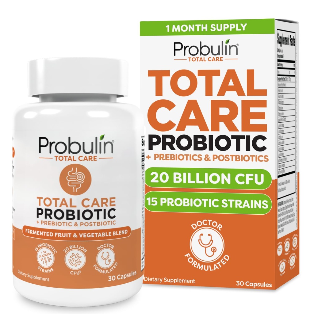 Probuline Total Care Probiotics Supplement, Gut quotidien, Digestion et Immune Health Probiotics Capsules pour hommes et femmes, 20 Million CFU, Vegan, 30 Compte Bouteille