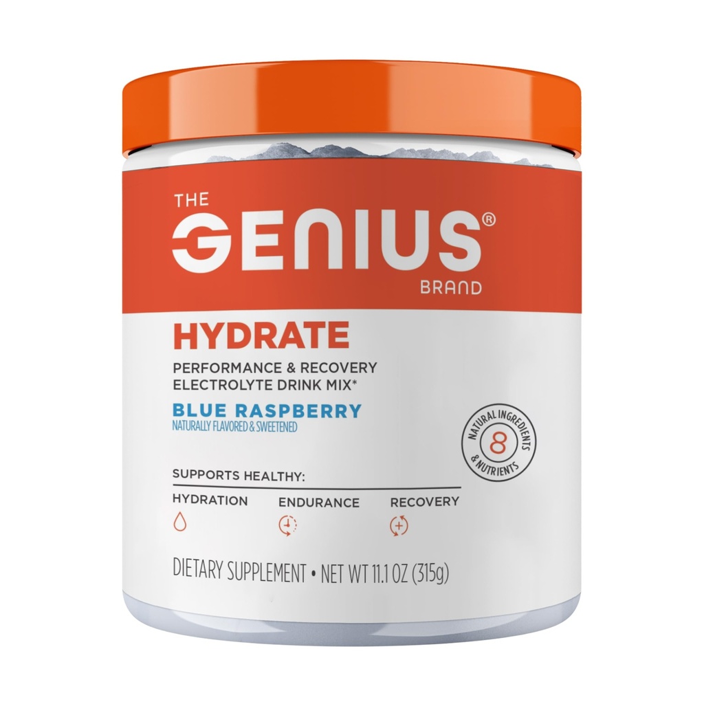 Die Genius-Marke Genius Hydrate - Elektrolyt-Ergänzung für tägliche Hydration - Kokoswasser - Zuckerfrei - 8 Essential Minerals & Nährstoffe - Non-GMO - Blaue Himbeere - 50 Portionen