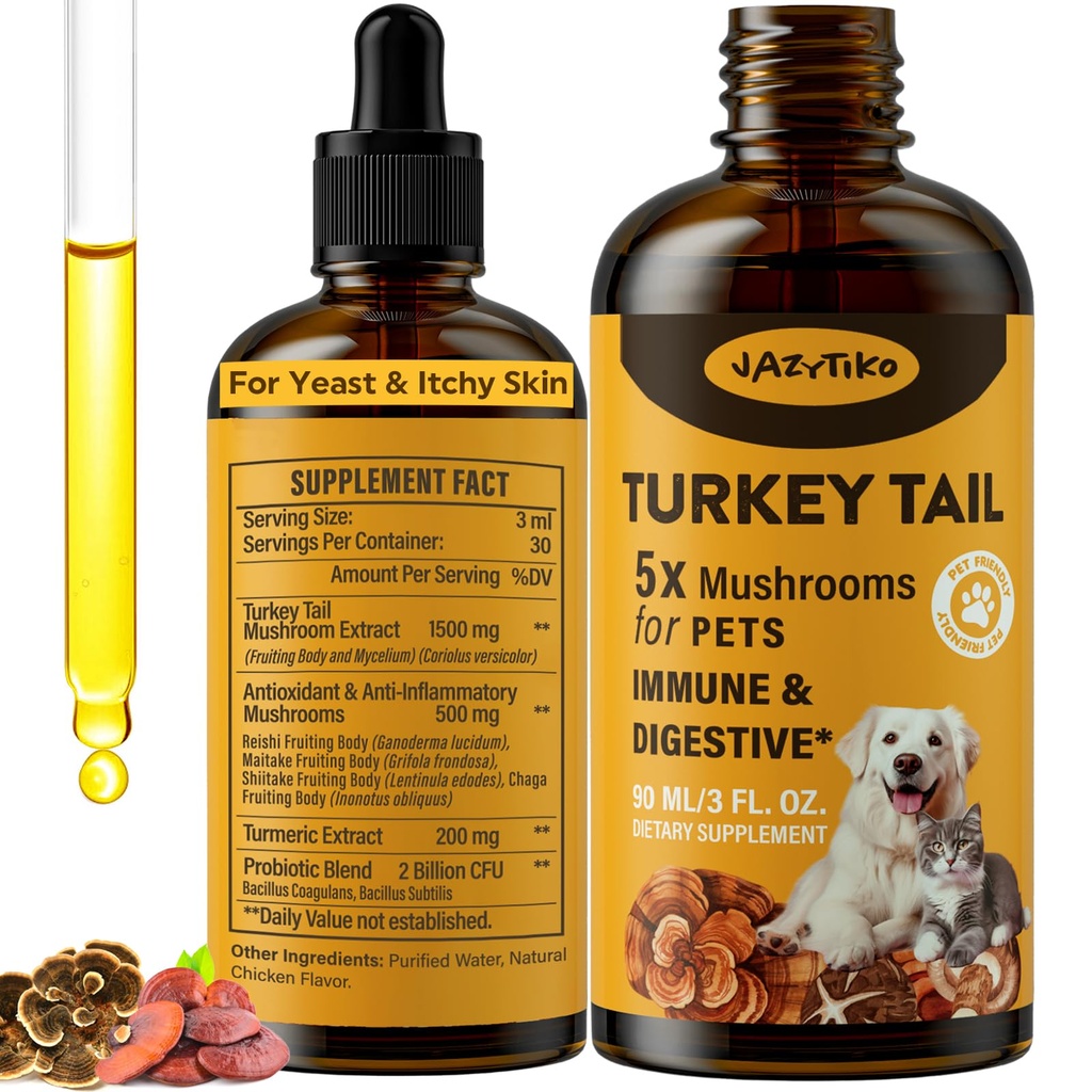 Türkei Tail Mushroom für Hunde - Schnellere Absorption 2000mg Türkei Tail Mushroom für Immun & Verdauung, Gelenk, Energie, 5X Pilze für Tiertropfen mit Turmeric & Probiotic - Vet Formulated, 90 ML/3FL.oz
