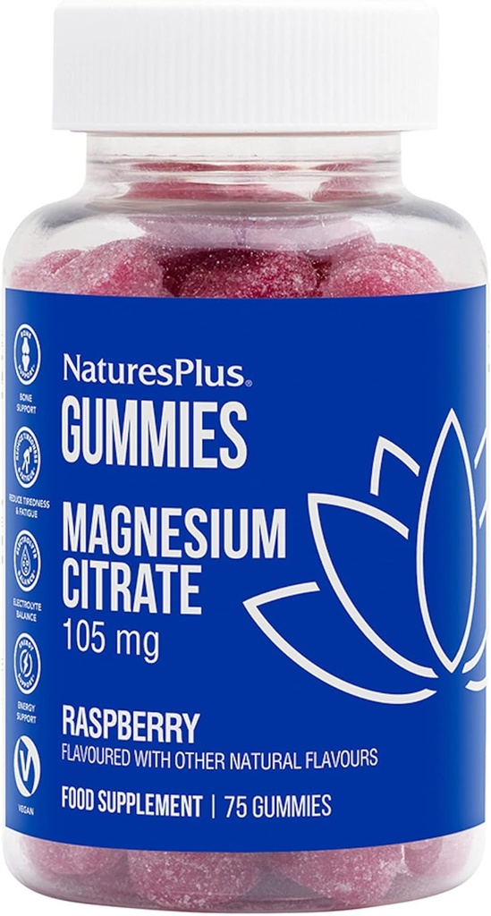 NaturesPlus Gummies Magnesium Citrat - 75 Gummis, Himbeer - Hilft Beruhigen Sie den Geist & Körper, unterstützt Knochendichte - Vegetarisch, Glutenfrei, Non-GMO - 25 Servierungen