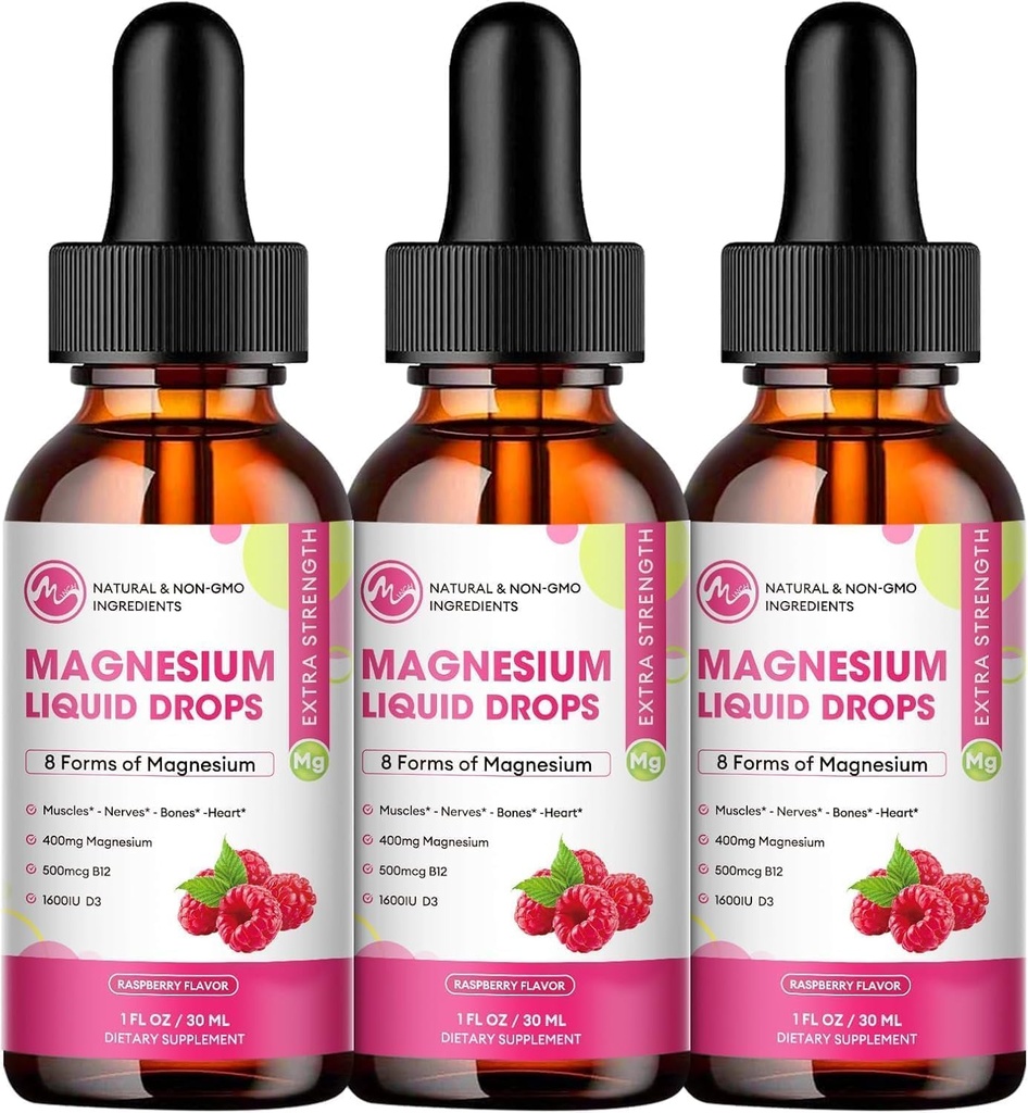 (3 Pack) Magnesium-Flüssigtropfen - 8 in 1 Magnesium-Komplex-Ergänzung mit Magnesium-Glycinat, Citrat, Malat, Taurat, für Gehirn, Nacht, Muskel, Knochen, Krebs, Himbeer Geschmack