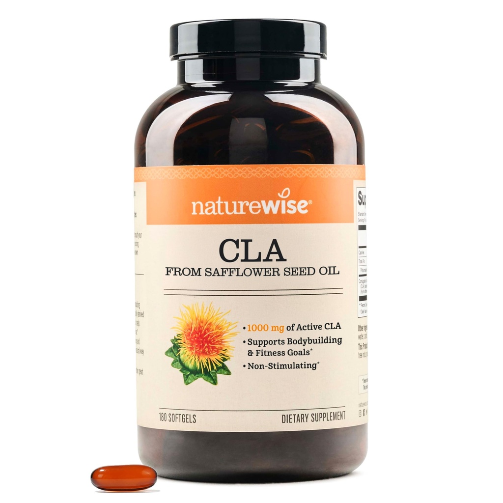 NatureWise CLA 1250 - Supplément d'acide linoléique conjugué pour les femmes et les hommes, ne stimulant pas, soutient le poids sain, objectifs de fitness - Non-OGM, sans gluten - 180 Softgels[2-Mois]