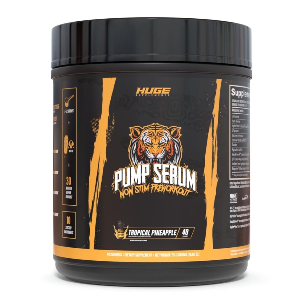Suppléments énormes Sérum de pompe, préentraînement sans Stim et booster d'oxyde nitrique pour améliorer la concentration, les pompes, la satisfaction sans caféine, L-Citrulline, GlycerPump, L-Tyrosine, Nitrosigine (Ananas Tropical)