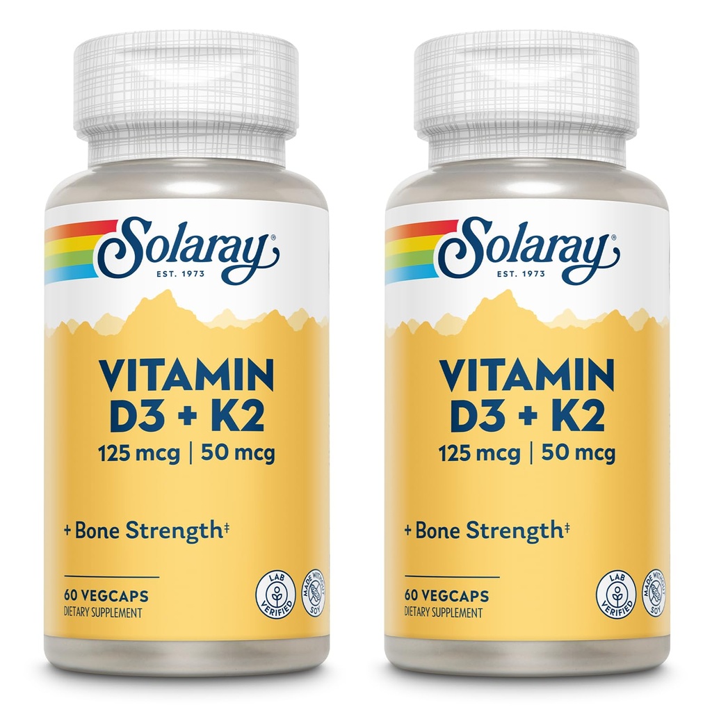 SOLARAY Vitamin D3 + K2, D & K Vitamine für Calciumabsorption und Unterstützung für gesunde Herz-Kreislauf-System & Arterien, Non-GMO & No Soy