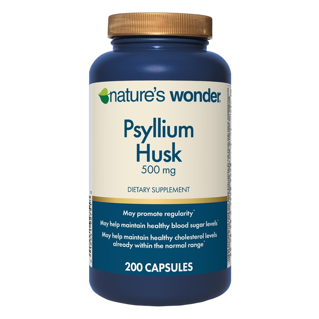 Nature's Wonder Psyllium Husk 500 mg Kapseln für Verdauungs-Gesundheit, Pflanzenbasierte Faser, 200 Zähler