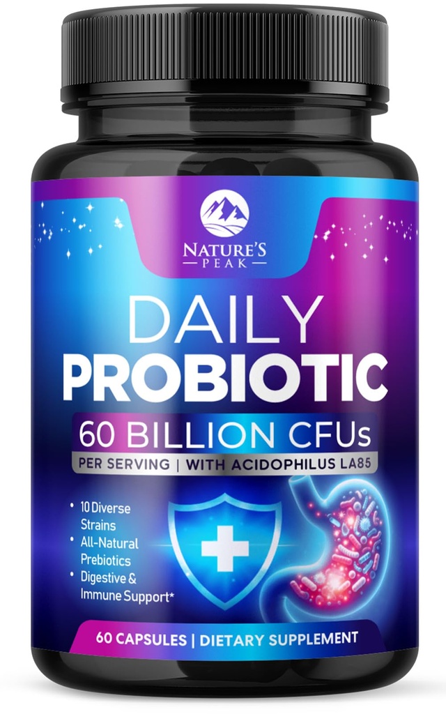 Probiotics 60 Billion CFU - 10 Strains + Verdauungsenzyme & Präbiotika - Best Probiotic for Women & Men, unterstützt Immune, Gut Health, Okzial Constipation, Durchfall, Gas & Bloating - 60 Kapseln