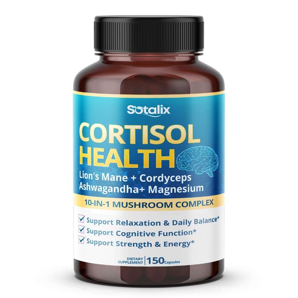Cortisol Health Supplement mit Magnesium, Ashwagandha, Lion’s Mane & 10 Mushroom Complex – Relaxation, Focus & Energy Support – 150 Kapseln – Sotalix – USA Made, GMO-Free