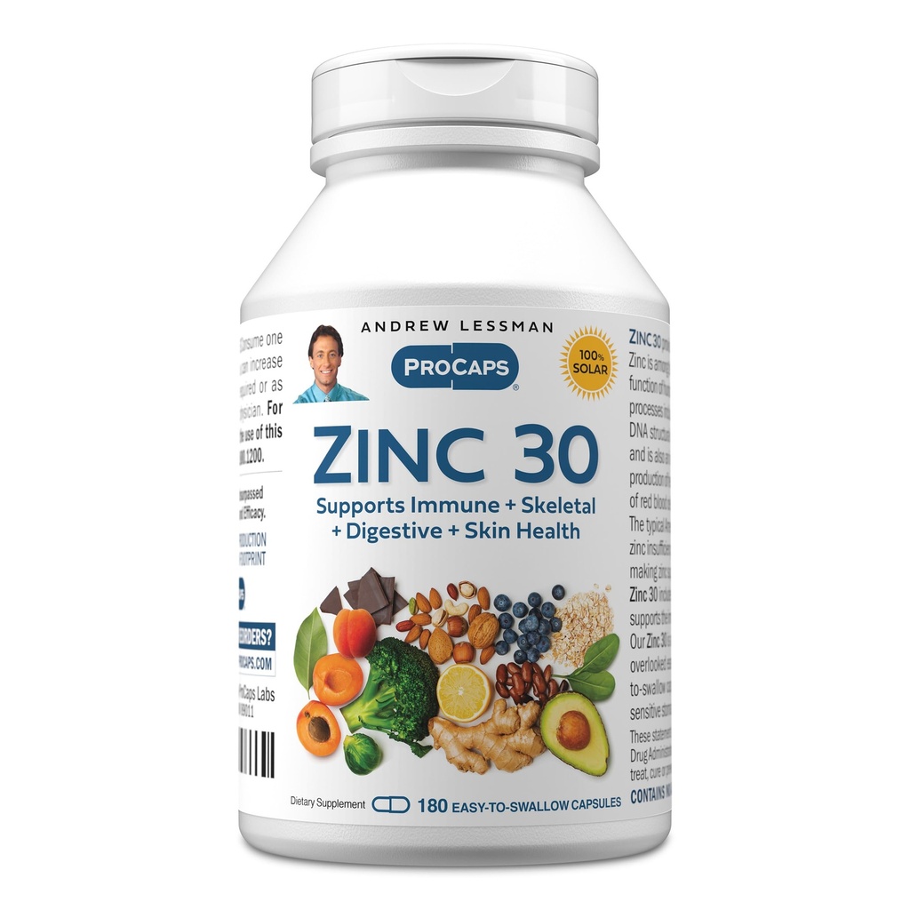 ANDREW LESSMAN Zink 30mg - 180 Kapseln - Hoch absorbierbare Zink Citrat. Unterstützt Immun-, Skelett-, Verdauungs- und Hautgesundheit. Small Easy to Swallow Capsules. Keine Zusatzstoffe