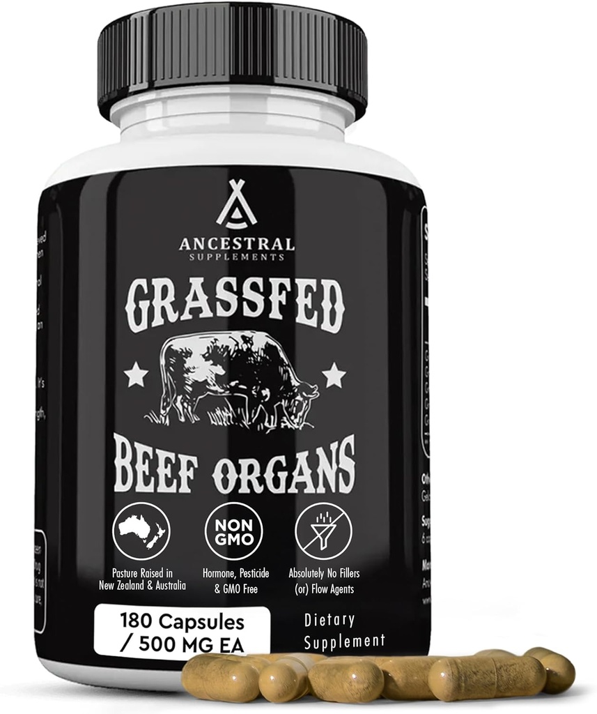 Suppléments ancestraux Supplément d'organes de boeuf gras, soutient le bien-être du corps entier avec mélange propriétaire de foie, coeur, rein, pancréas, rate, boeuf congelé, non-OGM, 180 capsules