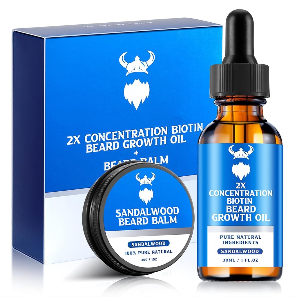 Huile de croissance et baume de la barbe - Kit de croissance de la barbe avec la biotine de concentration 2X pour les hommes, ingrédients naturels avec huile d'argan, huile de jojoba et vitamine (sandalwood)