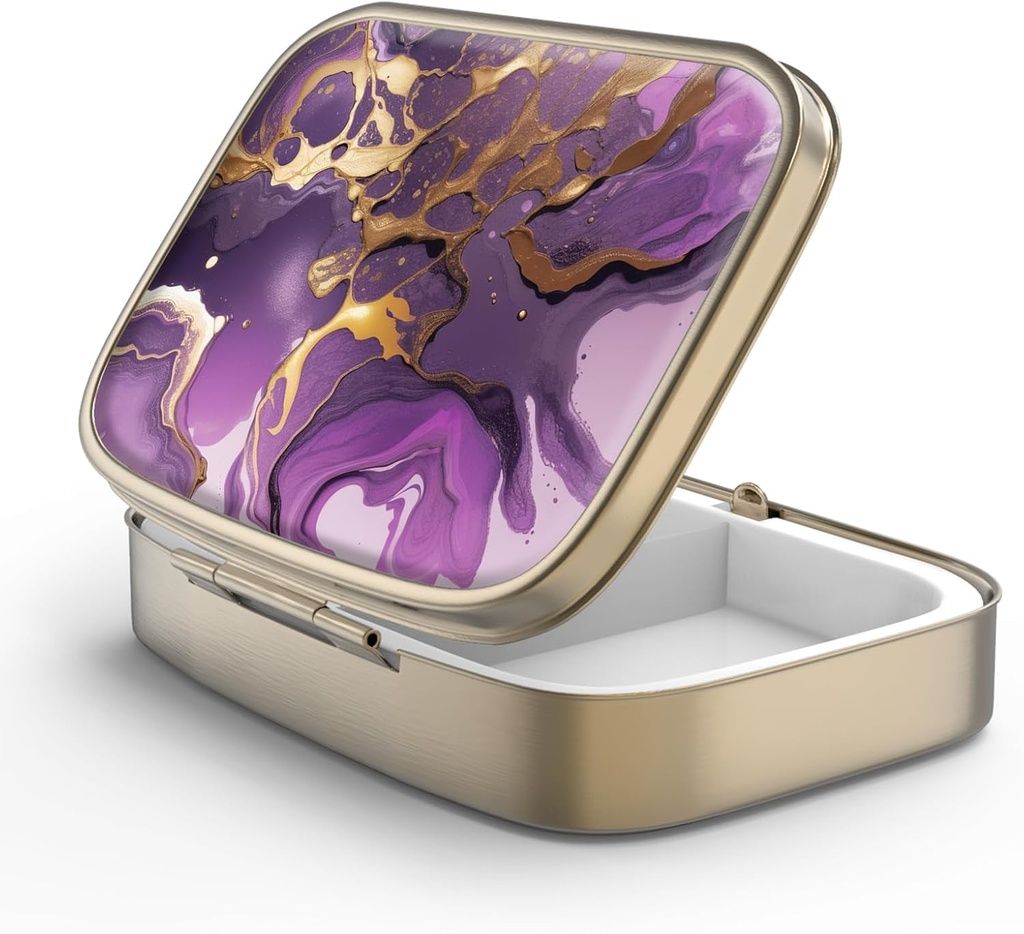Pill Case Pill Box with Mirror Retro 2 Compartiment Petite Pill Case for Purse or Pocket Bronze Rectangulaire Pill Box or Vitamines, Huile de poisson, Suppléments, Pill Containe Travel Gifts (Gold Marble)