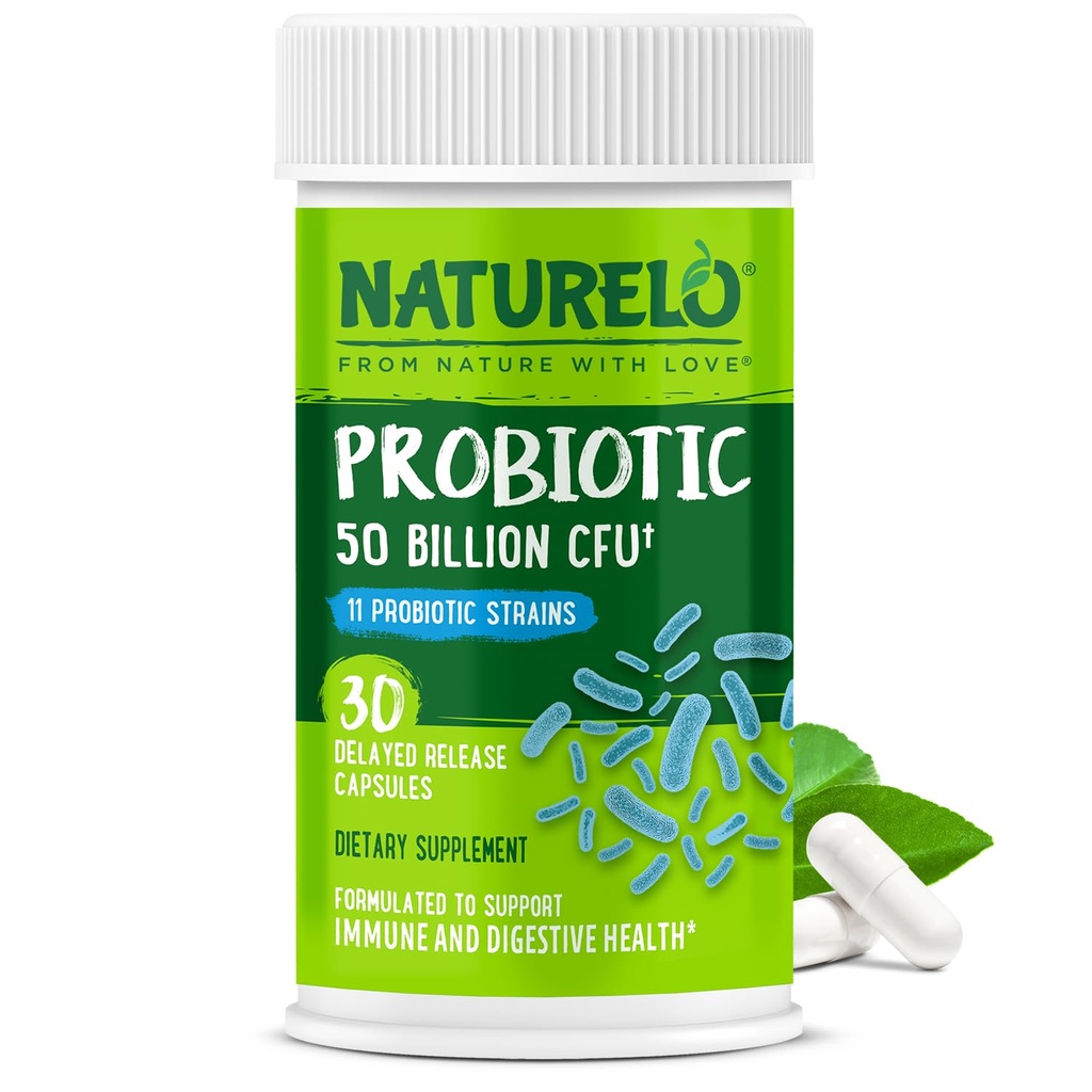 NATURELO Probiotics for Digestive Health - 50 Billion CFU, 11 Strains Daily Supplement - Erhöht Immunsystem, verzögerte Freisetzung, 30 vegetarische Kapseln