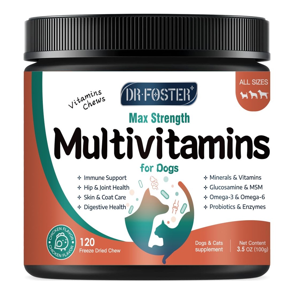Dog Multivitamin mit Glucosamin, Omega 3, Mineralstoffe, Probiotika und Enzyme, Hunde-Vitamine und Ergänzungen für Gelenk-, Haut- und Mantelpflege, Verdauungs- und Immungesundheit, Huhn Flavor - 120 Chews
