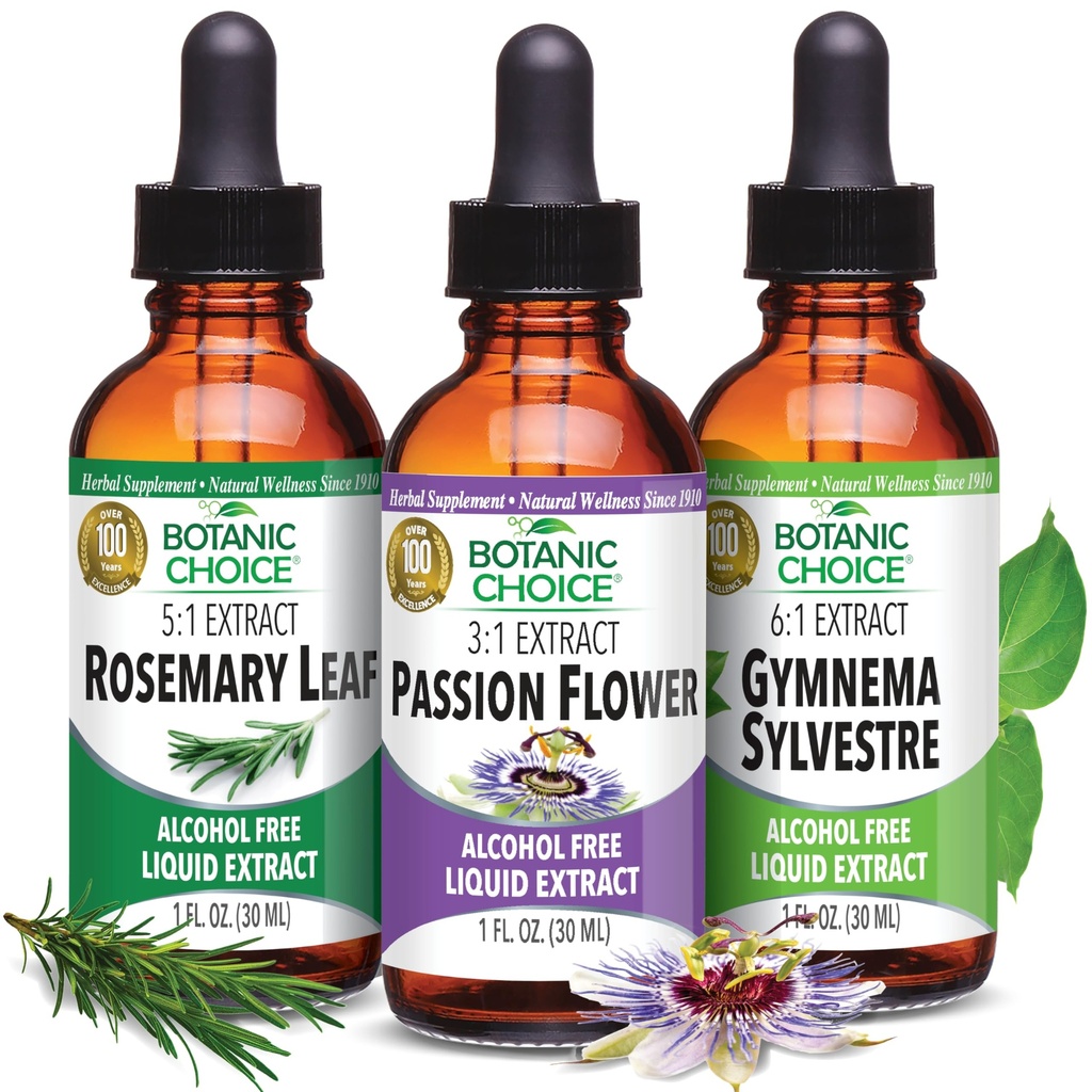 Botanic Choice Passion Flower, Rosemary Leaf, & Gymnema Sylvestre Extraits Bundle – Kit de bien-être global quotidien pour le bien-être général (1 fl. Oz. chaque)