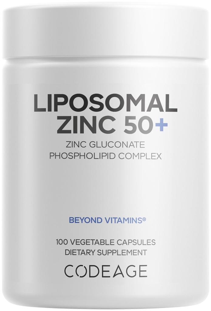 Codeage Supplément de zinc liposomique – 3 mois d'approvisionnement – 1 par jour - 50 mg de gluconate de zinc pilules de vitamine - suppléments minéraux essentiels Zinc Plus matrice de livraison liposomique - végétalien non-OGM - 100 capsules