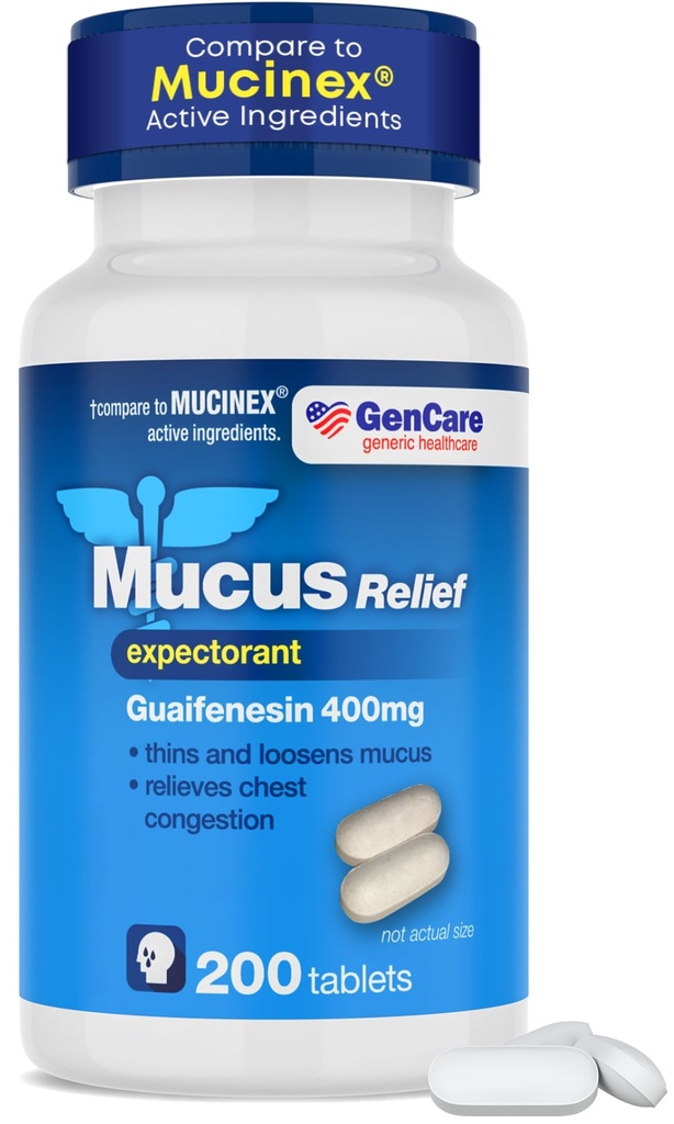 GenCare Mucus Relief Expectorant Guaifenesin 400 mg 200 Comprimés Value Pack - Rincement rapide du mucus pour les rhumes, la congestion thoracique, la grippe, la toux et les allergies