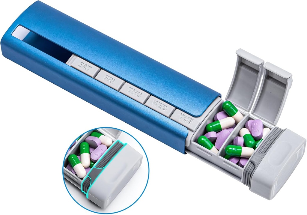 Daviky Metal Travel Pill Organizer, Premium Aluminium Pill Box 7 Tage, Wöchentliche tägliche Pille Fall, Stylish&Cute Pille Halter für Medikamente, Ergänzungen und Vitamine (Blau + Gray)