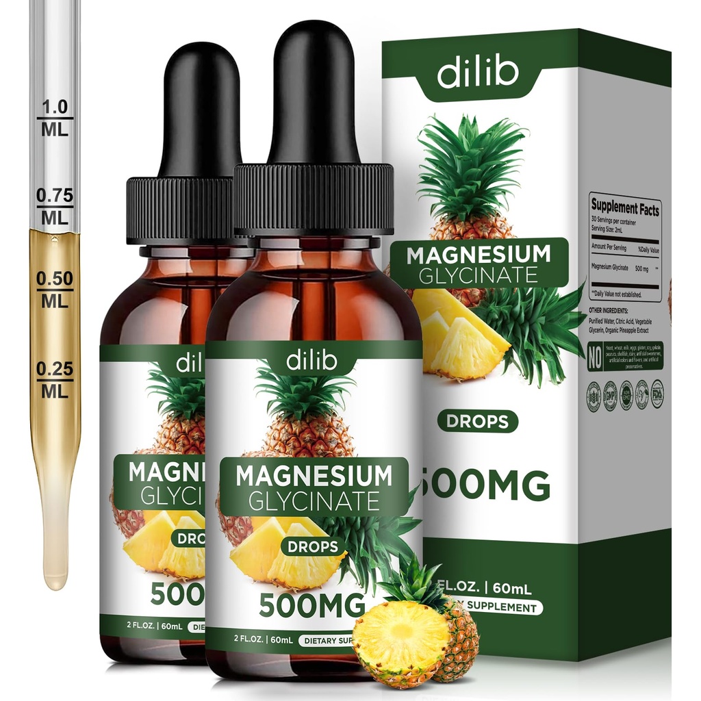 (2 Pack) Magnesium Glycinate Supplement, Liquid Magnesium Glycinate Liquid Drops 500mg-Support Stress Relief, Relaxation, Mood, Sleep, Bone & Muscle-4 Fl Oz, Vegan, Pineapple Flavor