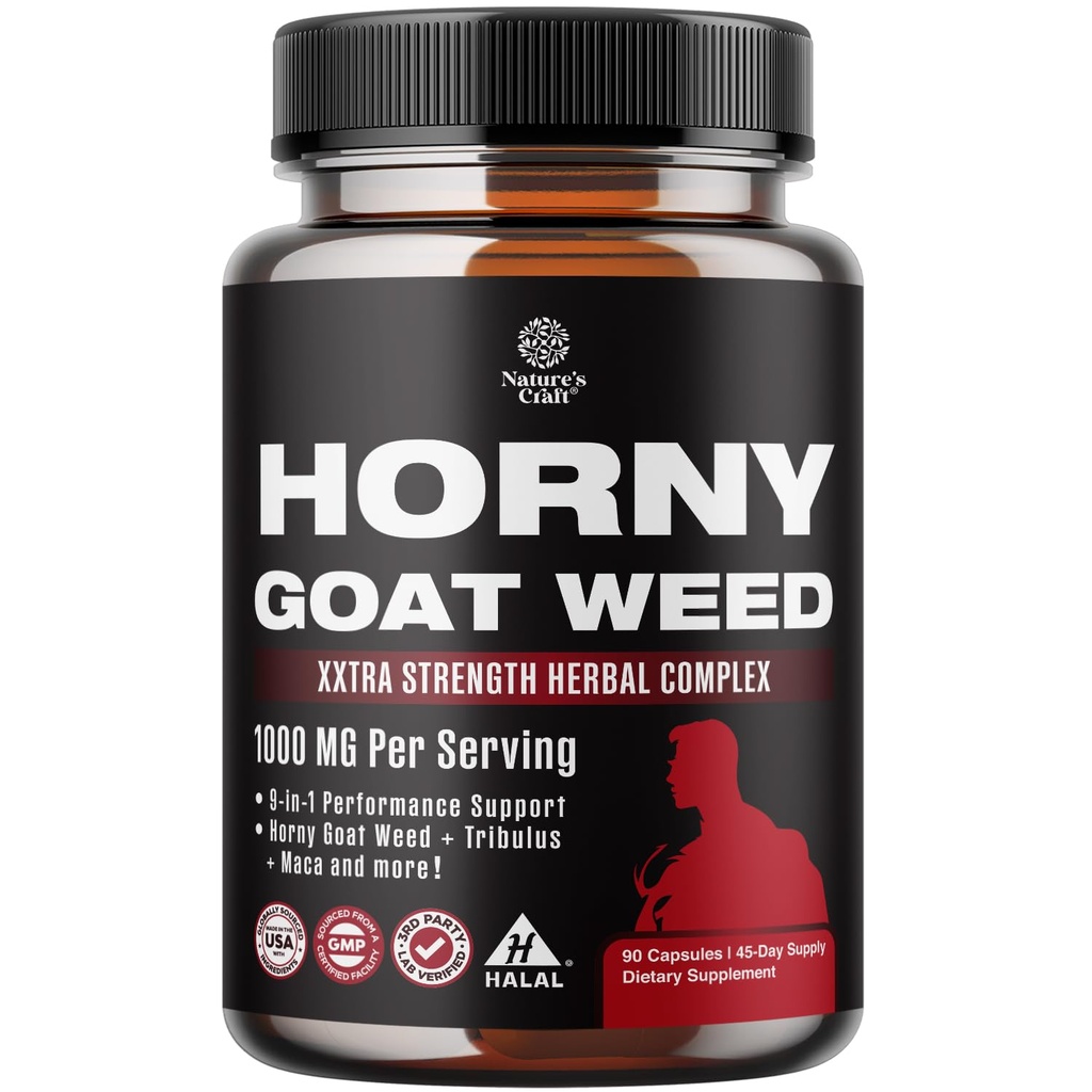 Natures Craft Horny Goat Weed for Men - Supplément Homme Extra Streng avec Racine de Maca Noir, Tongkat Ali, Saw Palmetto & Panax Ginseng Extrait pour l'Energie et l'Energie - 90 Capsules