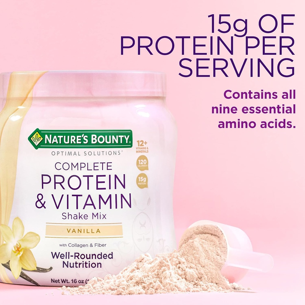 Nature's Bounty Complete Protein & Vitamin Shake Mix mit Collagen & Fiber, Enthält Vitamin C für Immungesundheit, Vanille Flavored,1 Pfund (Pack von 2)
