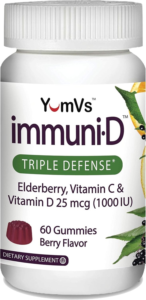 ImmuniD Elderberry Gummies von YumVs | Dreifache Verteidigung Vitamine mit Sambucus Elderberry, Vitamin C & Vitamin D | Komplette Immunsystem Unterstützung für Frauen und Männer | Natürliche Berry Flavor-60 Count