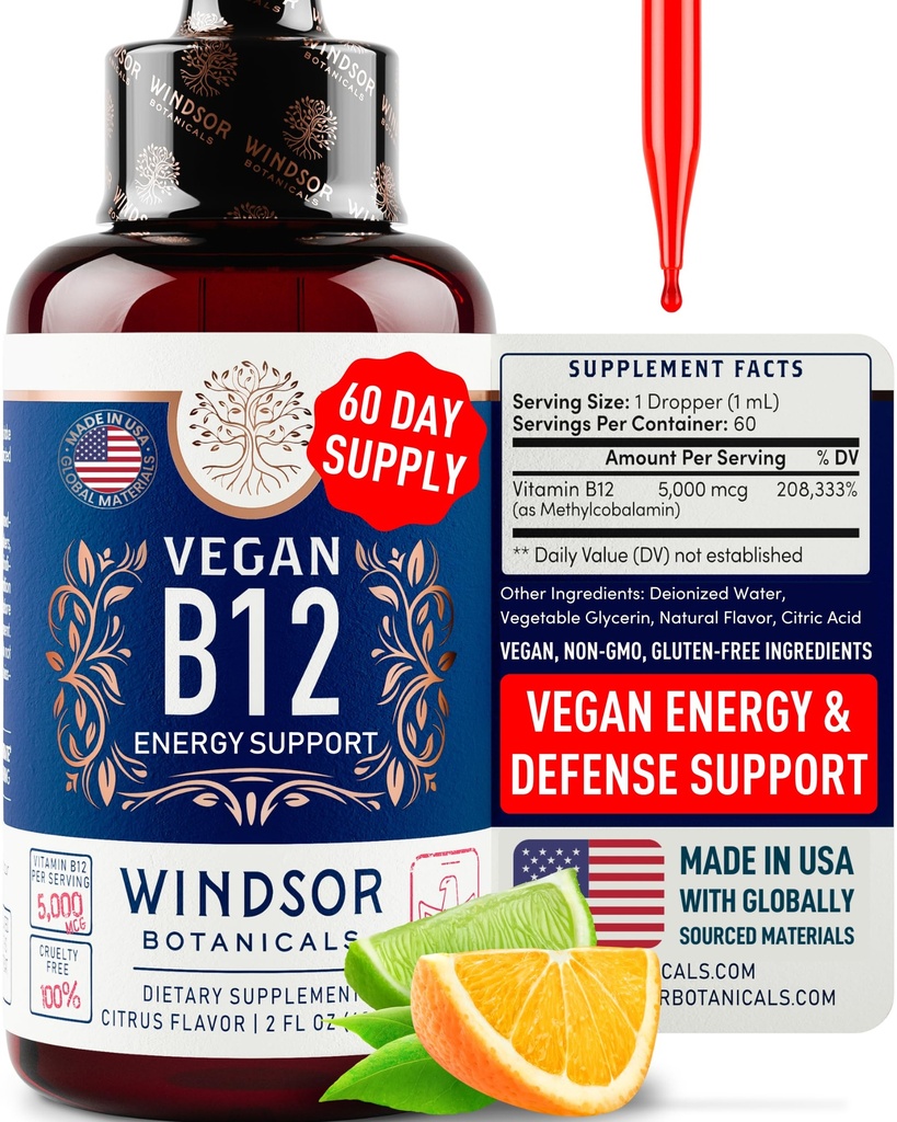 Vitamine végane B12 Liquide - Méthylcobalamine Max Strength B12 Sublingual 5000 mcg - Supplément d'absorption rapide pour l'humeur, la mémoire et le soutien énergétique - Non-OGM, sans gluten, Citrus Flavor B 12 gouttes, 2oz