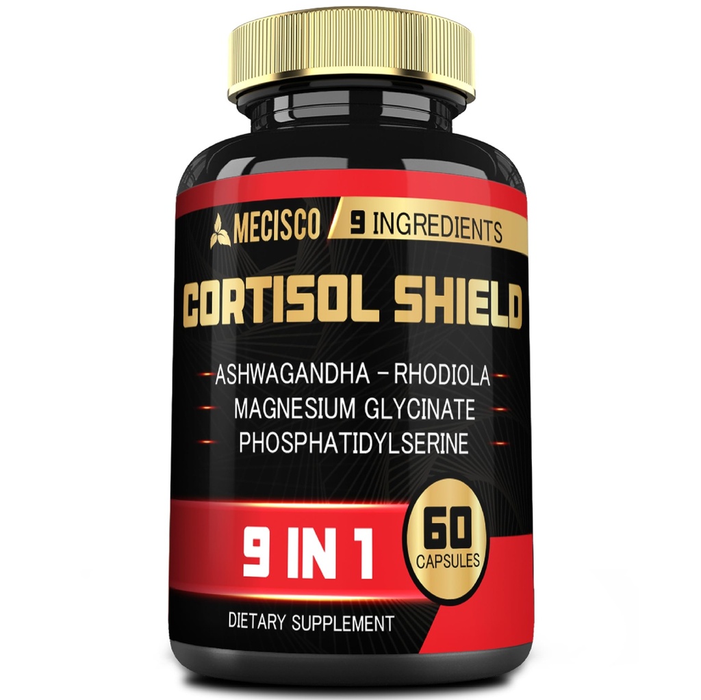 9in1 Cortisol Shield - Ashwagandha & Magnesium Glycinate, Rhodiola, Phosphatidylserine, L-Theanin, Licorice Root, St. John's Wort, Lions Mane - Mind & Mood, Restful Night Support - 60 Kapseln