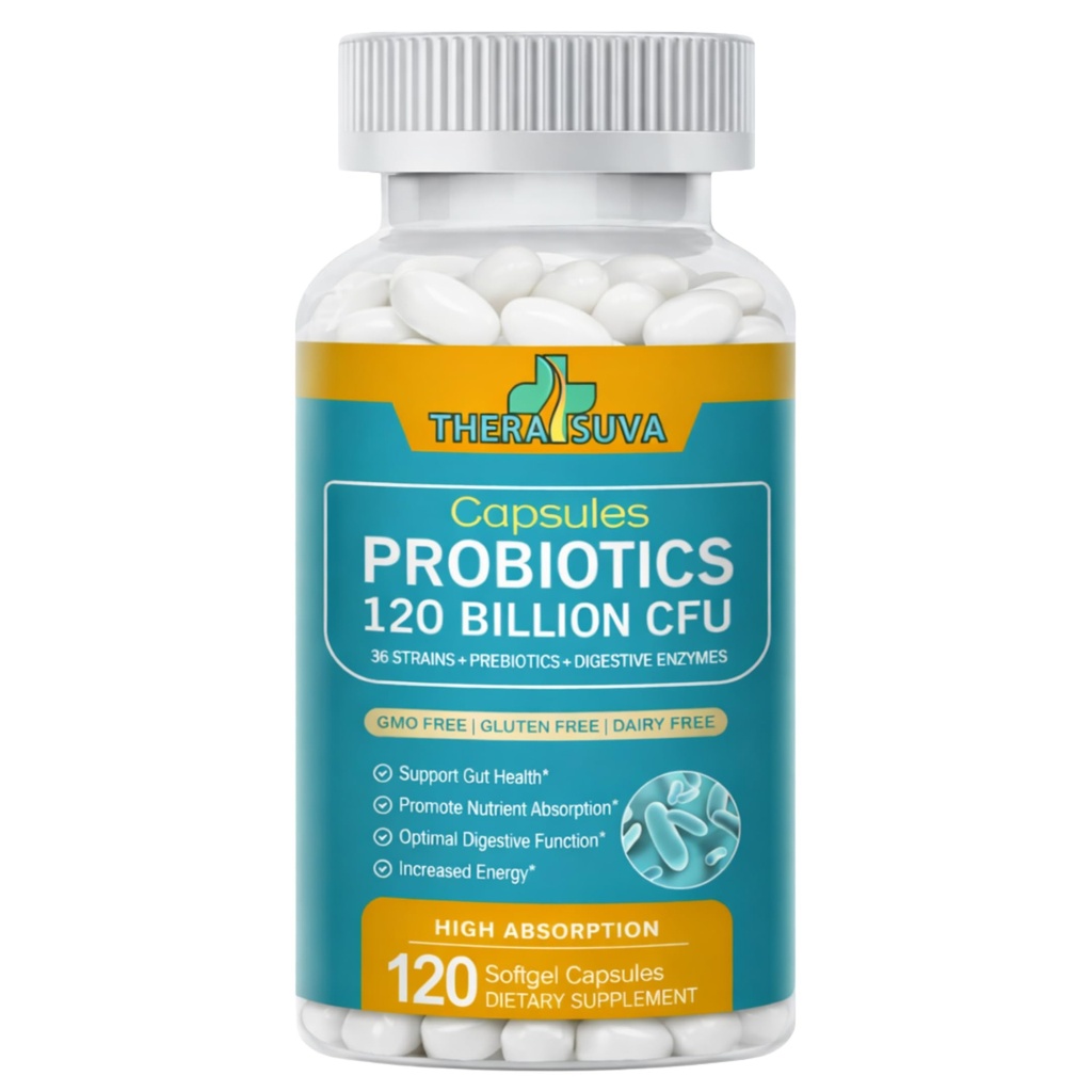 Probiotiques 120 milliards CFU-36 Fraises + Prébiotiques organiques + Complément alimentaire naturel entier pour le soutien ultime de la santé de Gut- 120 Softgels, 60 jours d'approvisionnement