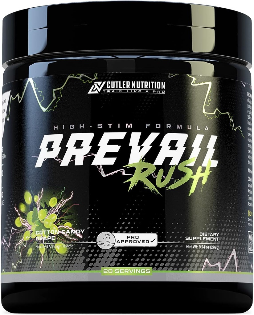 Cutler Nutrition High Stim Pre Workout Pulver Prevail Rush Preworkout für Männer & Frauen für Intensivpumpen Energie und Fokus mit Koffein NO3T Betaine und Dynamine | Baumwolle Candy Grape (20 Servierungen)