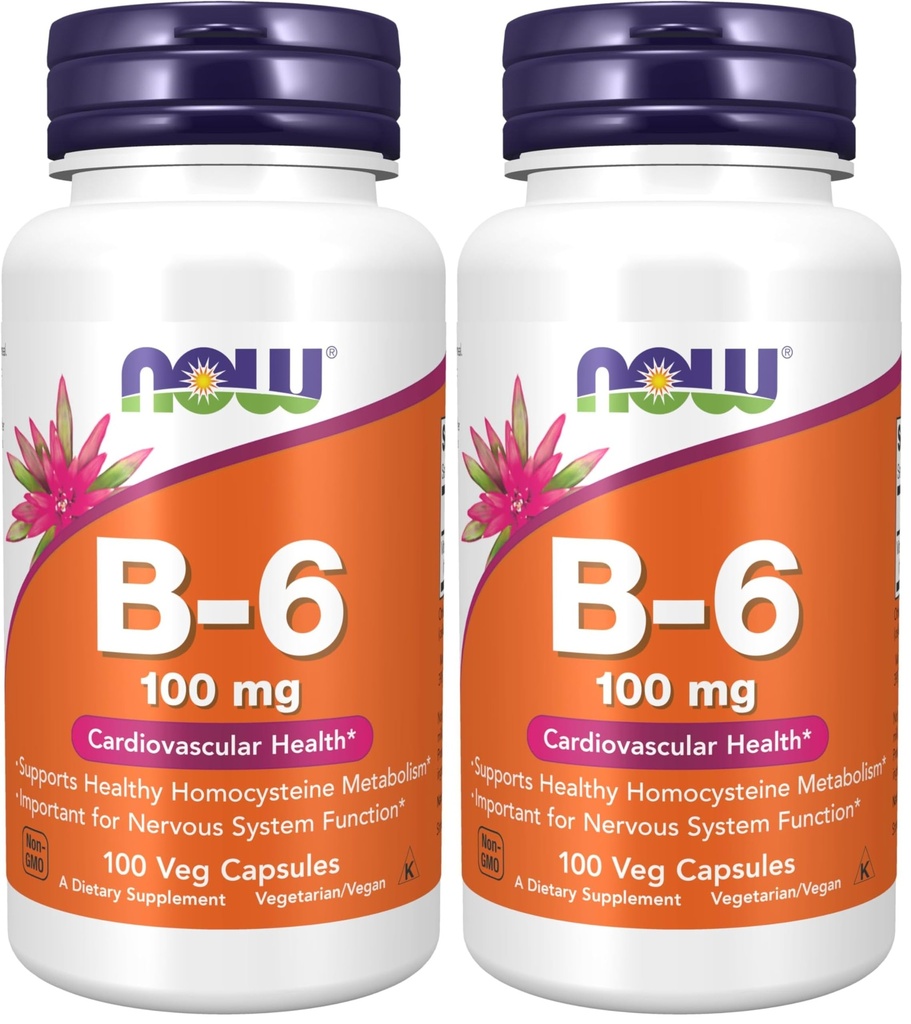 JETZT Ergänzungen, Vitamin B-6 (Pyridoxin HCl) 100 mg, Herz-Kreislauf-Gesundheit*, 100 Veg Kapseln (Pack von 2)