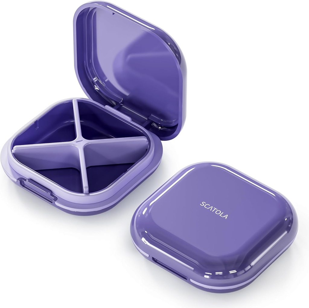 Petit cas de pilules, boîte à pilules de voyage, organisateur de pilules portable, contenant de pilules pour compartiments Pocket 4, porte-médicaments quotidiens compacts pour les médicaments contre les vitamines (purple)