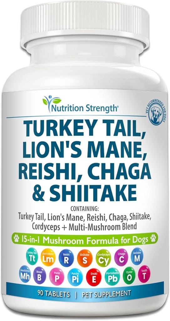 15-en-1 Champignons pour chiens Turquie Tail 600mg Lion's Mane 600mg Reishi 600mg Shiitake 500mg Cordyceps 300mg Chaga 300mg Maitake 200mg Meshima Blazei Poria Enoki Portobello 90 comprimés