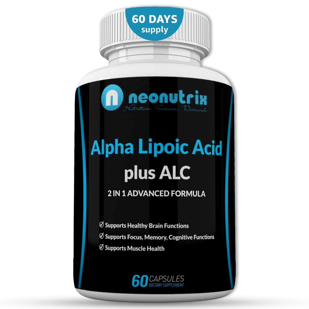 Alpha Acid Lipoic Plus Acetyl L-Carnitine Antioxydant Supplément ALA ALC pour une fonction cérébrale saine et la force musculaire, focale, mémoire et fonction cognitive pour les femmes et les hommes - 60 Capsules de Neonutrix