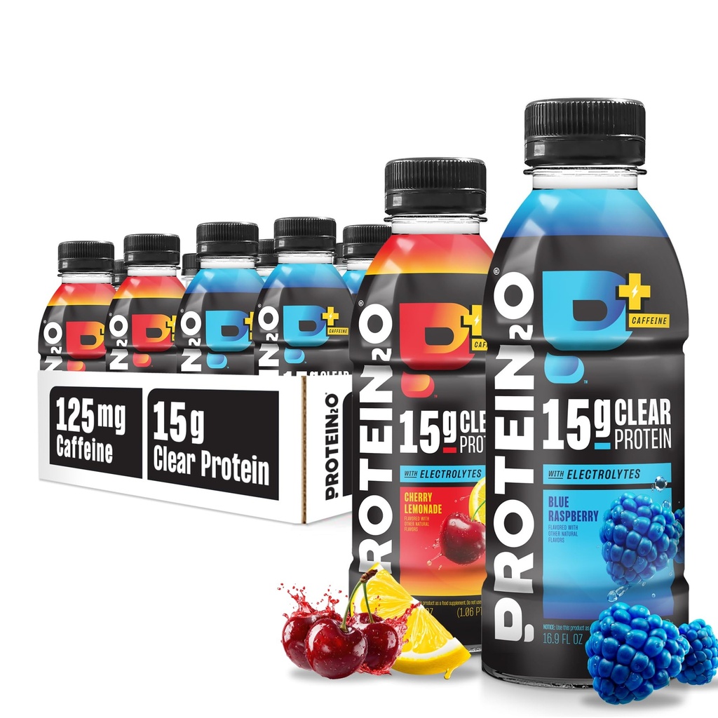 Protein2o 15g Whey Protein Isolate Hydratation Drink Plus Energy & Focus, 350mg d'électrolytes, Vitamines B5 & B6, sans sucre, Energy Variety Pack, 16,9 oz bouteille (paquet de 12)